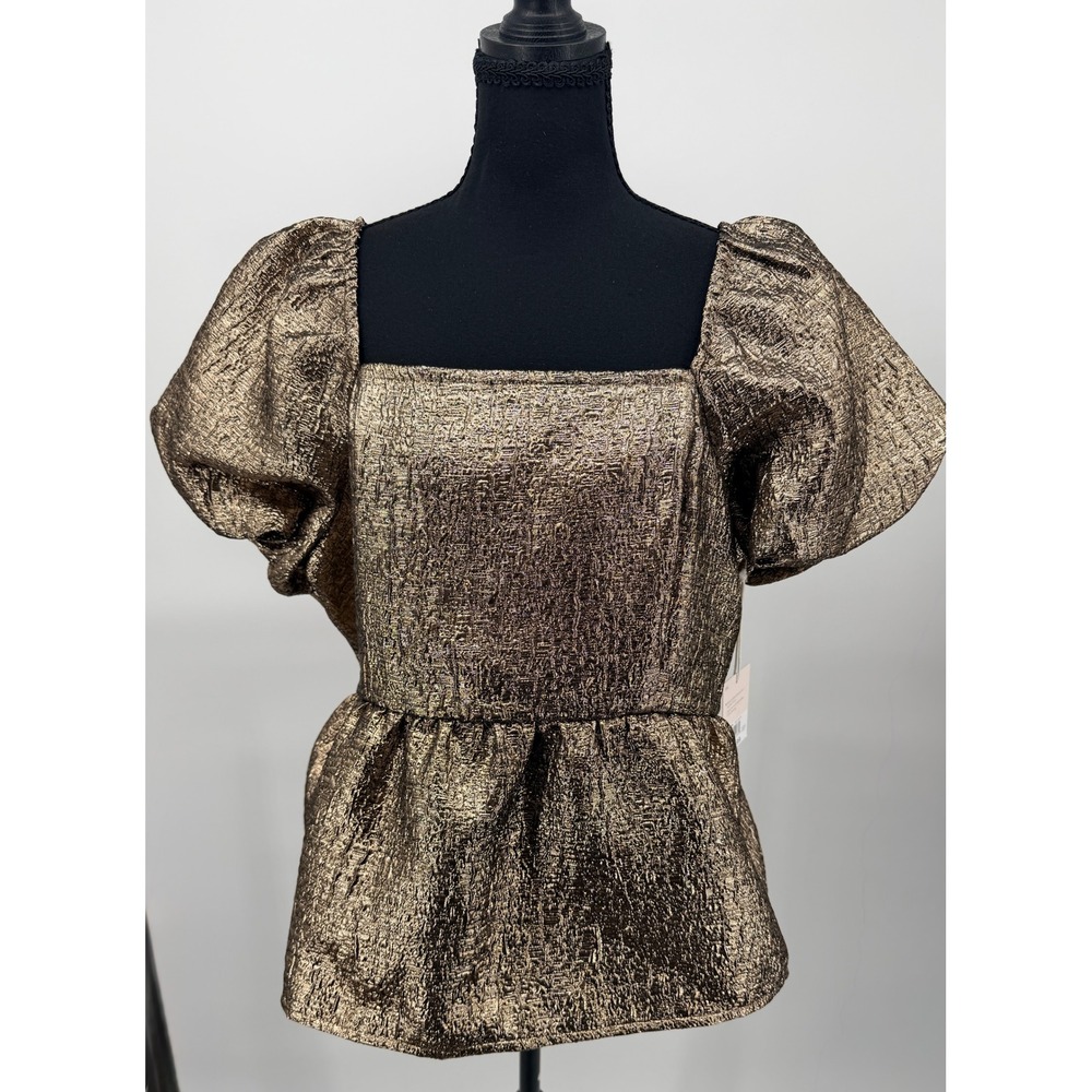 Lauren Conrad Peplum Top Women XXL Gold NEW Metallic Puff Sleeve Square Neck